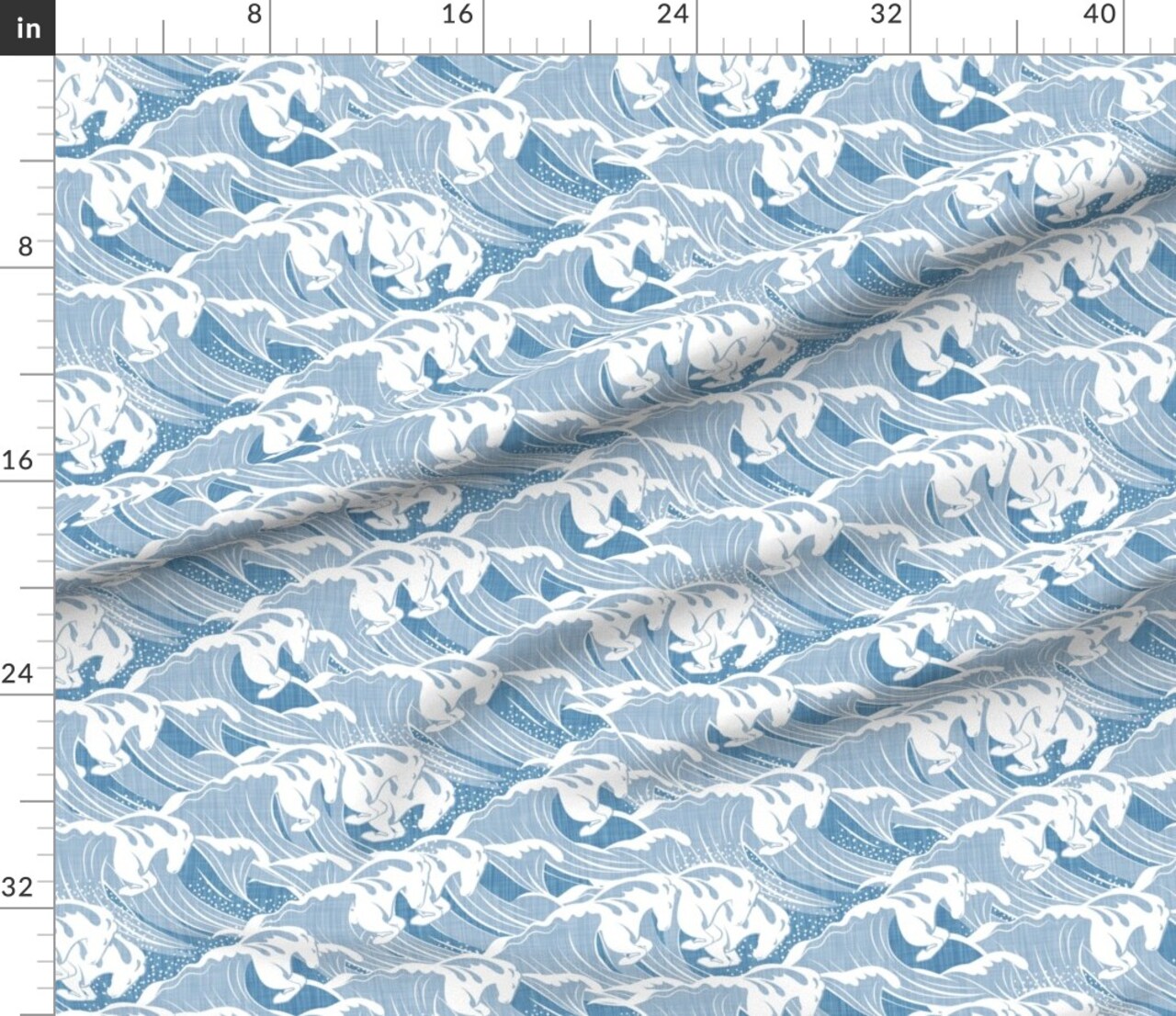 Nautical Waves Sea Horses Coastal Blue White Ocean Custom Printed Fabric by Spoonflower Various Fabrics by the Yard or Fat Quarter
